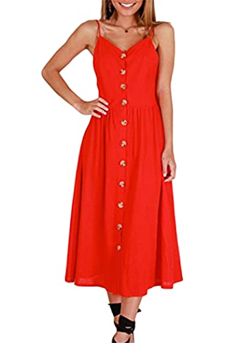 OMZIN Damen Kleid Urlaubkleid Vintage mit Knöpfen Knielang Blumenkleid Ärmellos Cocktailkleid Sommerkleid Rot M von OMZIN
