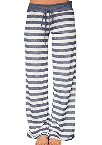 OMZIN Damen Lang-Pyjamahose Leicht Hose Sleepwear mit Tasche Hige Waist mit Drawstring Yogahose mit Blumenmuster Streifen L von OMZIN