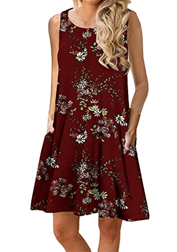 OMZIN Damen Minikleid Ärmelloses Sommerkleid Mit Tasche Lässig Lose Weste Oberteile Casual Swing Weinrot Blume XL von OMZIN