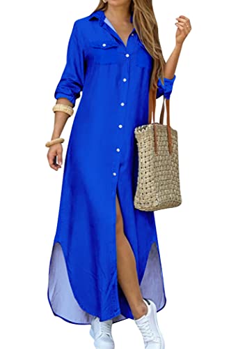 OMZIN Damen Button Down Maxi Shirts Casual Lose Langarm Roll Up Shirt Kleid Leinen Split Kleider Königsblau S von OMZIN