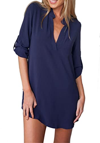 OMZIN Damen Langarm Chiffon Bluse Übergröße Lose Einfarbig Shirt Casaul V Ausschnitt Longshirt Navy Blau XXL von OMZIN