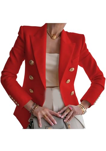 OMZIN Damen Langarm Doppelreihig Military Style Blazer Business Cropped Einfarbig Jacken Rot S von OMZIN