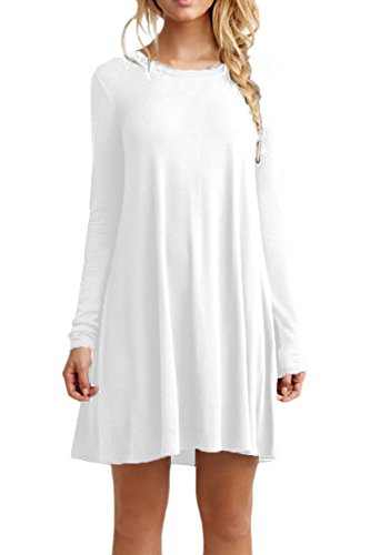 OMZIN Damen Langarm Einfarbig Damen Top Elegantes Loses Kleid Einfarbig Rock Weiß XL von OMZIN