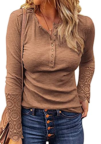 OMZIN Damen Langarm Einfarbig Rundhals Spitze Knöpfe Tunika Oberteile Henley Shirts Braun M von OMZIN