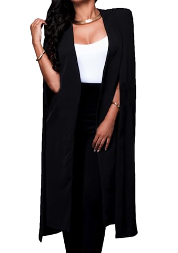 OMZIN Damen Langarm Geteiltes Cape Mantel Jacke Vorne Offen Leichtes Abend Cape Blazer Jacken BLK M von OMZIN