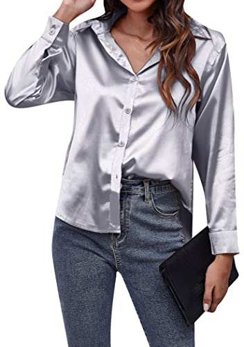 OMZIN Damen Langarm Knopfhemd Satin Seide Unifarbenes Hemd Lässiges Lockeres Top Grau XL von OMZIN