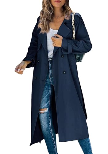 OMZIN Damen Langarm Midi Trenchcoat Reverskragen Zweireiher Pocked Spring Einfarbiger Trench Mit Gürtel Marineblau M von OMZIN
