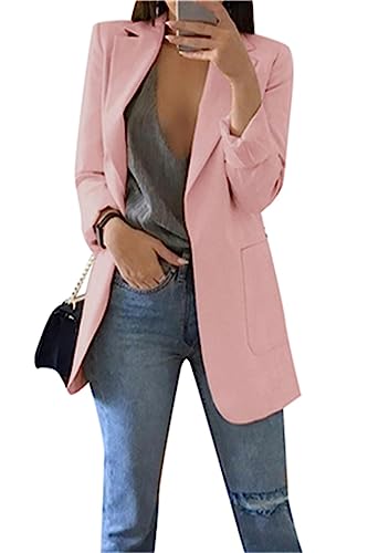OMZIN Damen Langarm Open Front Work Office Jacke mit Taschen Fit Loose Blazer Plus Size Rosa XL von OMZIN