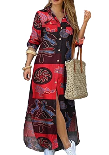 OMZIN Damen Langarm Print Shirt Kleid Casual Lose Tasche Button Down Split Party Maxi Kleider Rot M von OMZIN