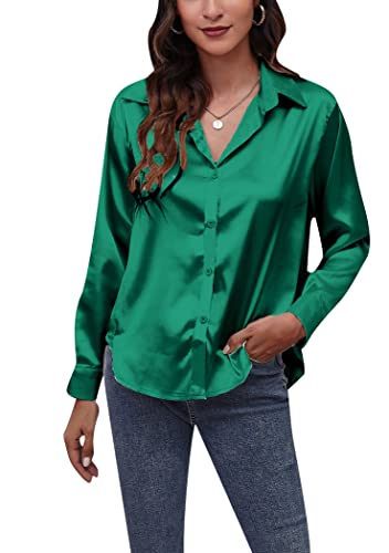 OMZIN Damen Langarm Satin Bluse Top Casual V Ausschnitt Button Down Arbeits Retro Shirt Grün XL von OMZIN