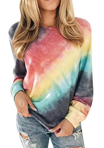 OMZIN Damen Langarm Schulterfrei Jumper Tie Dye Sweatshirt Rundhals Lose Oberteil Tunika Tops Farbverlauf Regenbogen Tshirts Rot/Gelb L von OMZIN