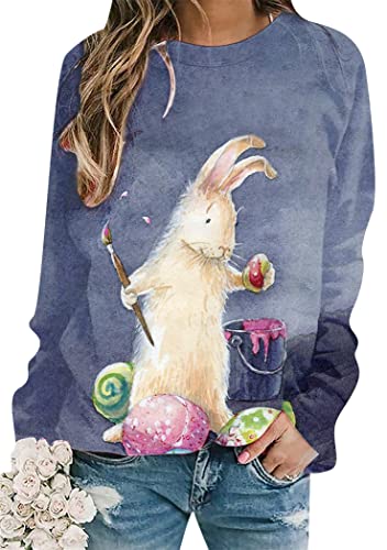 OMZIN Damen Langarm-Shirt Mit Hasenmotiv Pullover Mit Rundhalsausschnitt Happy Easter Rabbit Print Shirts Loose Fit Pullover Marineblaues Kaninchen 4XL von OMZIN