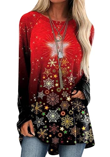 OMZIN Damen Langarm Sweatshirt Schneeflocke Gedruckt Rundhalsausschnitt-Shirt Übergröße Pullover Einfaches Sweatshirt Top Schneeflocke L von OMZIN