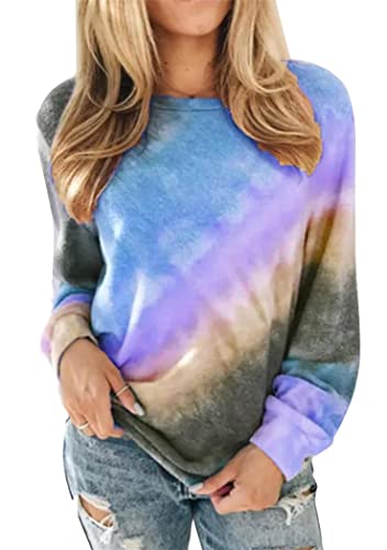 OMZIN Damen Langarm Tie-Dye T-Shirts Oberteile Lässige Bluse Lose Plus Size Tunika Shirts Sweatshirt mit Farbverlauf Blau/Violett M von OMZIN
