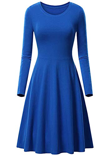 OMZIN Damen Langarm Tops T-Shirt Kleid Rundhals Casual Lose Kleid Herbst Kleid Tunika Swing Kleid Bohokleid Langarm Königsblau 2XL von OMZIN