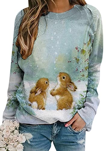 OMZIN Damen Langarm-t-Shirt Bunny Gedruckt Bluse Rundhalsausschnitt Lustige Kaninchen Drucken Grafik Tops Tees Hellblau M von OMZIN