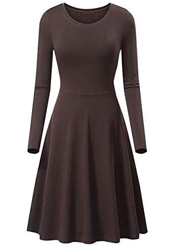 OMZIN Damen Langarmkleid Elegant Winter Kleid Swing Herbst Kleid Slim Fit Blusenkleid Midikleid Einfarbig Knielang A-Linie Braun S von OMZIN