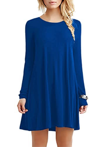OMZIN Damen Langarmkleid Stretch Kleid Long Sleeves Kleider Solid Kurze Elegant Dunkelblau M von OMZIN