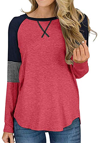 OMZIN Damen Langarmshirt Einfarbig Atmungsaktiv Sweatshirt Patchwork Vintage Casual T-Shirt Rot XS von OMZIN