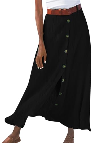 OMZIN Damen Lange A-Linien-Röcke Leichte Leinenröcke Hohe Taille Ausgestellter Swing Button Down Röcke BLK XL von OMZIN