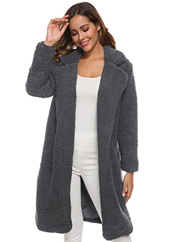 OMZIN Damen Lange Ärmel Mantel Bluse Offene Front Jacke Mantel Lange Oberbekleidung Damen Warm Revers Lange Ärmel Langer Mantel Dunkelgrau S von OMZIN