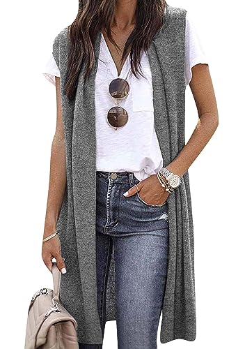 OMZIN Damen Langer Pullover Westen Ärmellose Offene Vorderseite Strickjacke Tunika Weste Lange Strickjacke Tops Mantel Für Herbst Hellgrau XL von OMZIN