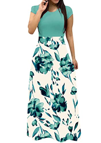 OMZIN Damen Langes Maxikleid Mädchen Blumen O Ausschnitt Lässig Rundhalsausschnitt Tunika Kleid Kleidung Grüne Blume XS von OMZIN