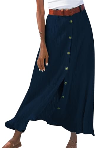 OMZIN Damen Leichte Leinen A-Linien Röcke Hohe Taille Ausgestellte Röcke Knopf Unten Schlitz Lange Röcke Marineblau L von OMZIN