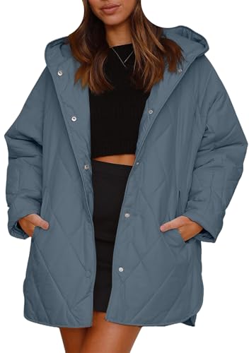 OMZIN Damen Leichte Taschen Jacke Gesteppt Diamond Oberbekleidung Knopf Kapuze Puffer Mantel Blau XXL von OMZIN