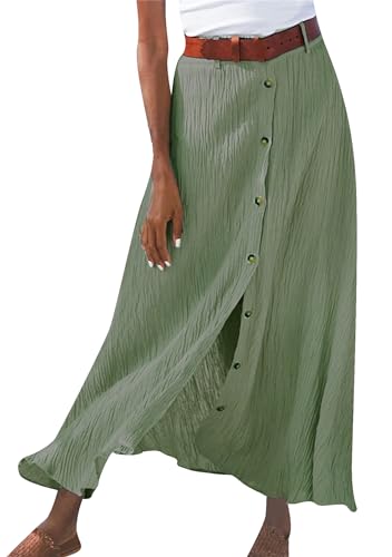 OMZIN Damen Leinen A-Linie Lange Röcke Hohe Taille Schlitz Ausgestellter Rock Button Down Einfarbig Maxi Röcke Grün XL von OMZIN