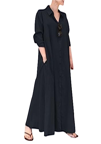 OMZIN Damen Leinen Button down Langarm Revers Shirt Kleider Einfarbig Oversized Lange Maxi Kleider Marineblau XXL von OMZIN
