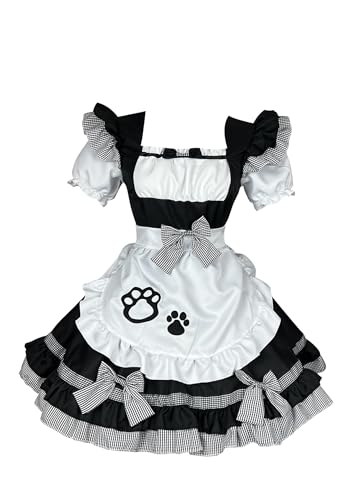 OMZIN Damen Lolita Maid Outfit Mit Halskette Und Schürze Japanische Anime Cosplay Party Kostüm Halloween Kawaii Kleid Katze Schwarz XXL von OMZIN