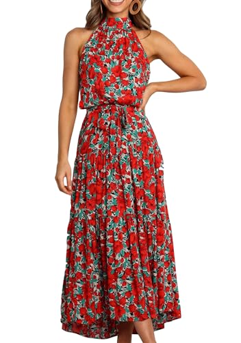 OMZIN Damen Long Halter Neck Beach Ruffle Sundress Polka Dot Freizeit Sleeveless Dress with Belt Floral Red XS von OMZIN