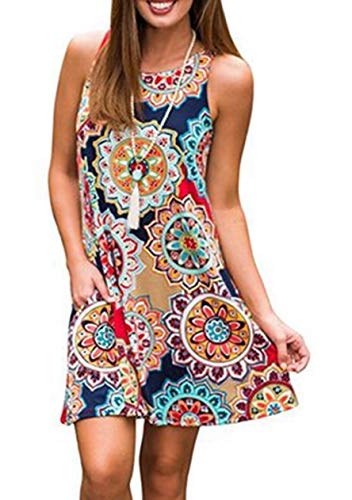 OMZIN Damen Sonnenkleid Strandkleid ärmellos Taschen Casual Swing Floral T Shirt Kleid Für Damen ärmellos Loose Tank Rot Annual S von OMZIN