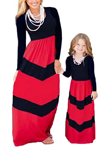 OMZIN Mommy and Me Outfits Stripe Printed Passende Familienoutfits Lässiges Langarm-Midikleid Rot Schwarz L von OMZIN