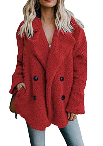 OMZIN Damen Mäntel Casual Coat Fleece Dicke Winter Warme Frauen Lang Winterjacke Faux Für Revers Langarm Jacke Outwear Freizeit Parka Rot XXL von OMZIN