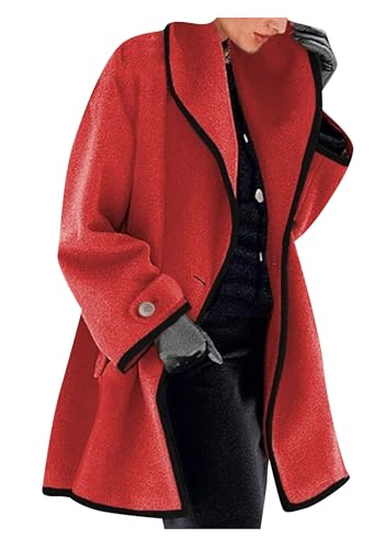 OMZIN Damen Mäntel Herbst Winter Warm Mid Länge Wollmischung Erbsenmantel Elegant Revers Jacken Oberbekleidung Rot XL von OMZIN