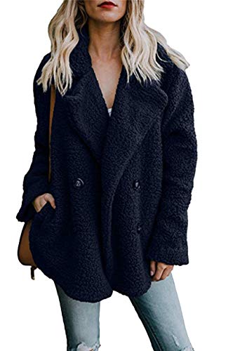 OMZIN Damen Teddybär Mantel Lässige Flauschige Kunstfaser Fleece Jacke Vorne Offen Mit Taschen Warme Strickjacke Herbst Winter Navy Blau Xl von OMZIN