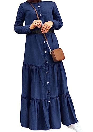 OMZIN Damen Maxi Denim Blusenkleid Plus Size Lose Langarm Crewneck Freizeitkleid Dunkelblau M von OMZIN