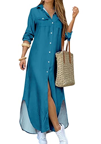 OMZIN Damen Button Down Langarm Shirt Kleider Casual Loose a Line Midi Split Kleider Peacock Blau M von OMZIN