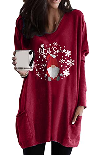 OMZIN Damen Merry Christmas Sweatshirt Rundhals Pullover Neuheit Lustige Grafik Langarm T-Shirts Xmas Urlaub Casual Bluse mit Taschen, dunkelrot, 36 von OMZIN