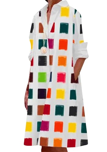 OMZIN Damen Midi Revers Sommer Langarm Blusenkleid Button Down Farbe Block Kleider Colorful XL OMZIN Damen Midi Revers Sommer Langarm Blusenkleid Button Down Farbe Block Kleider Colorful XL von OMZIN