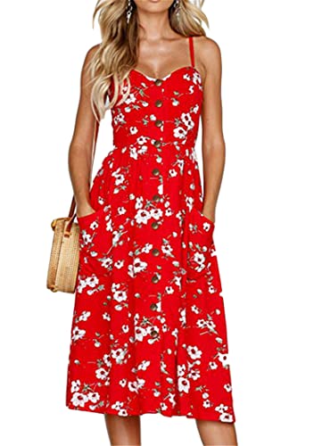 OMZIN Damen Lässiges Sonnenkleid Swing Mit Taschen Ärmelloses Sonnenkleid A-Linie Floral Party Sonnenkleid Rot L von OMZIN