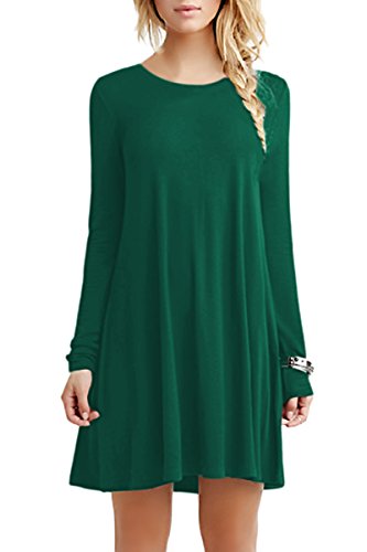 OMZIN Damen Mini Shirt Solid Scoop Neck Langarm Kleid für Flowy Dress Sommer Grün M von OMZIN