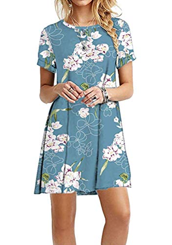 OMZIN Damen Mini Sommerkleid Freizeitkleid Große Shirtkleid Kurzes Longshirt Plus Größe Kleid Größe Tunika Blau Lilie 4XL von OMZIN