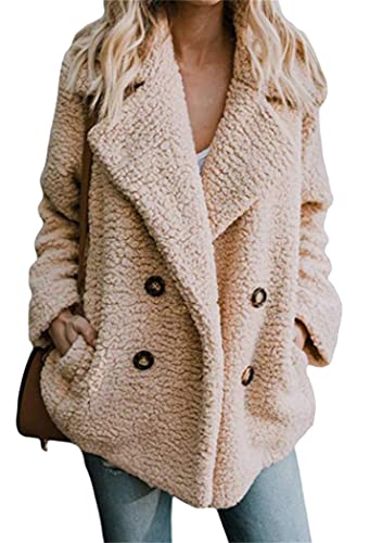 OMZIN Damen Mode Casual Mantel Faux Für Revers Lange Ärmel Outwear Leistentaschen Zweireihig Coat Beige XXL von OMZIN