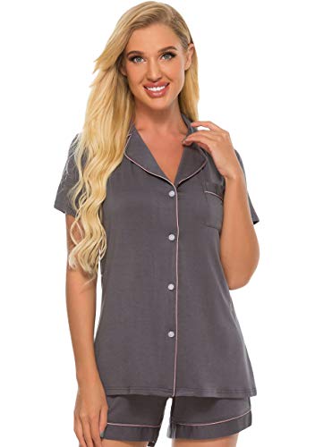 OMZIN Damen Nachtkleid Streifen Schlafanzug Zuhausebekleidung Sommer Nachtwäsche Short Pyjama Baumwolle Navy Blau S von OMZIN