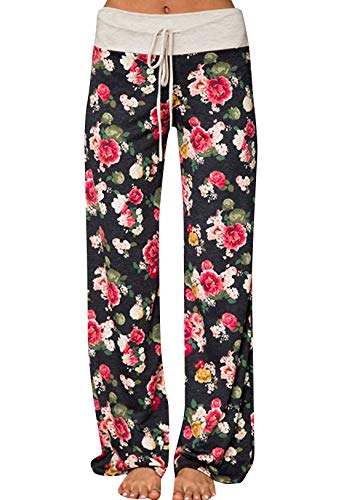 OMZIN Damen Nachtwäsche Hose Weite Bein Lange Hose Yogahose mit Blumenmuster Hige Waist mit Tasche Schlafanzug Hose Schwarz L von OMZIN