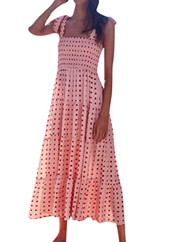 OMZIN Damen Niedlich Viereckiger Ausschnitt Ärmelloses Langes Swing Kleid Smocked Flowy Strand Spaghetti Strap Sundress Quadratisch Rosa M von OMZIN