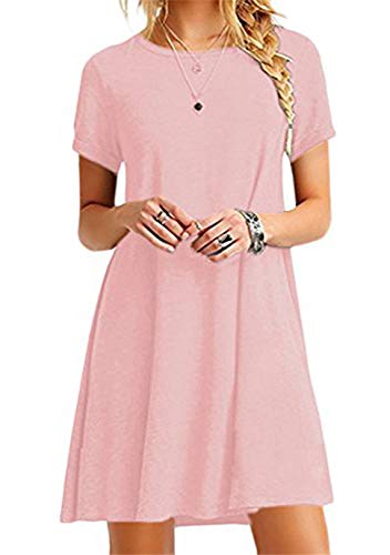 OMZIN Damen Kleid Casual Lose Shirt Kleid Kurzarm Tunika Kleid Mini Sommer Mini Kleid Rosa XL von OMZIN